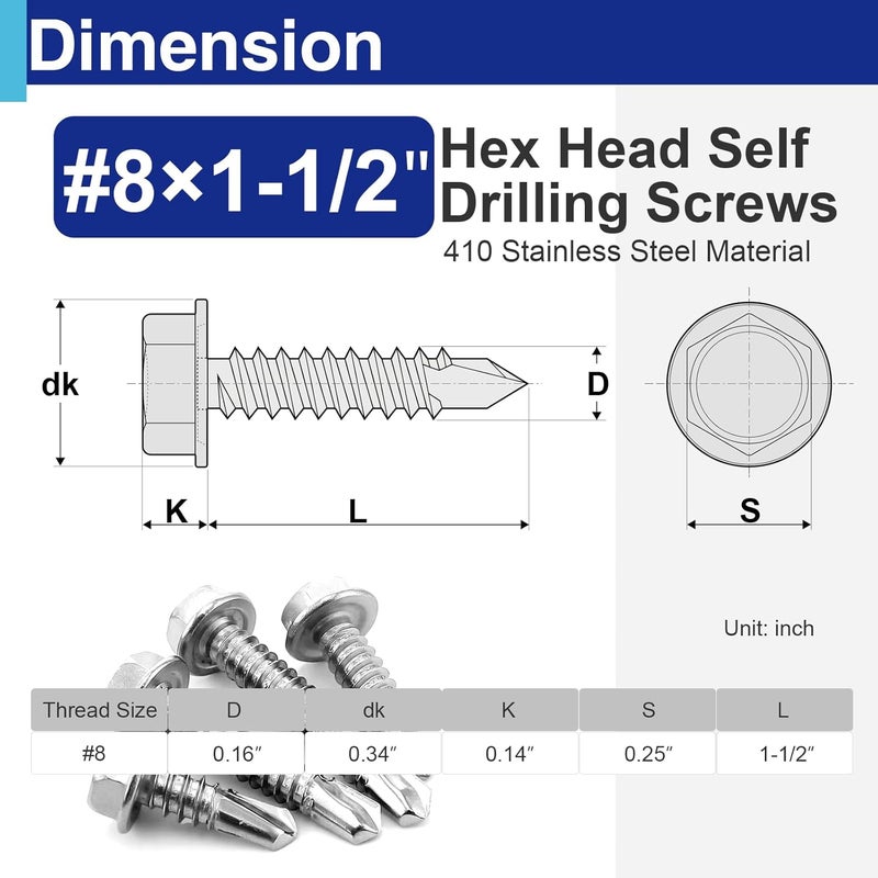 Usdrwam 60Pcs #8×1-1/2" Self Tapping Screws for Metal, 410 Stainless Steel Hex Washer Head Sheet Metal Screw - Image 2